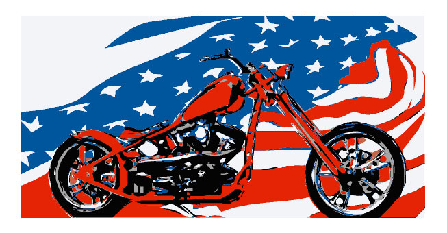 A custom bike in red is dominant in front of american flag. Stars and stripes blend with the bike. Art for bikers.
