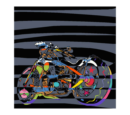 Motorcycle in the style of pop art. Very colorful, with biker symbols like stars and breasts.