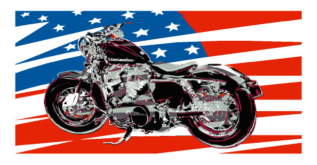 The american flag in the style of geometric abstraction. The motorcycle is floating artfully as before. This art is for the patriotic biker.