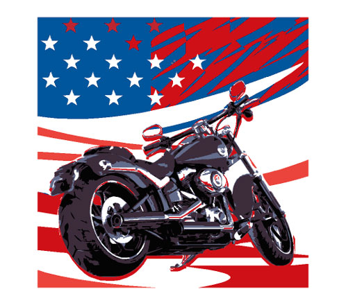 Symbolically represents the american flag on the artwork. The motorcycle in the colors of stars and stripes in the foreground of the artwork. Art for the eye of the biker.