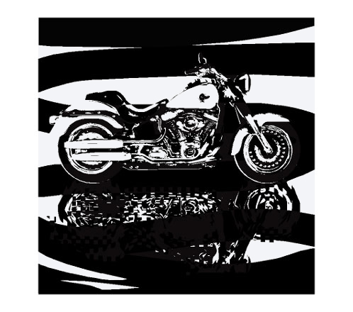 Harley-Davidson Fat Boy is a beautiful bike. This artwork is painted in black and white colors. The motorcycle reflects biker with his bikerdress.
