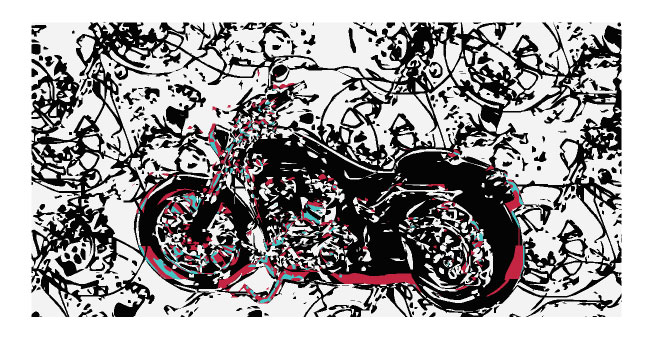 This work of art is very abstract. The motorcycle merges with the background. Motorcycles are very reduced visible. An art for collecters and for bikers.